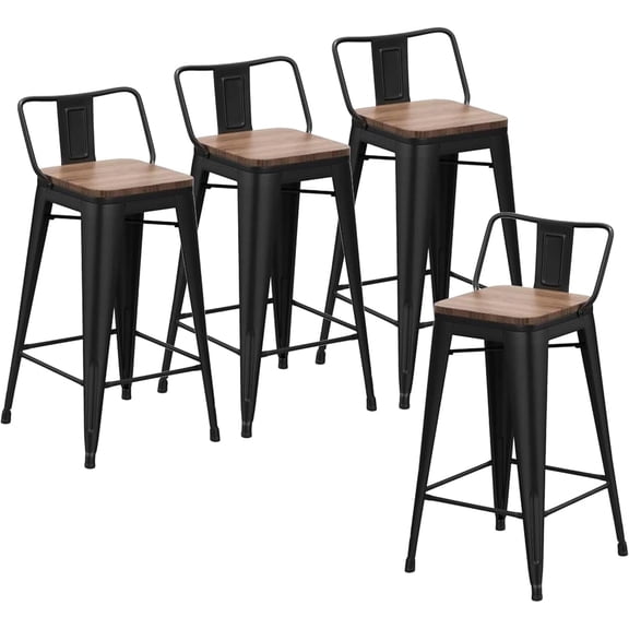 24 Inch Bar Stools Set of 4 Industrial Metal Barstools Counter Height Bar Stool with Backs for Home Kitchen (24 inch, Black)