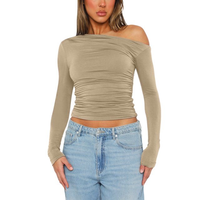 Gibobby Blusa Casual Para Mujer Camiseta ajustada sexy de manga larga con top corto de color sólido asimétrico con hombros descubiertos(Café, L)