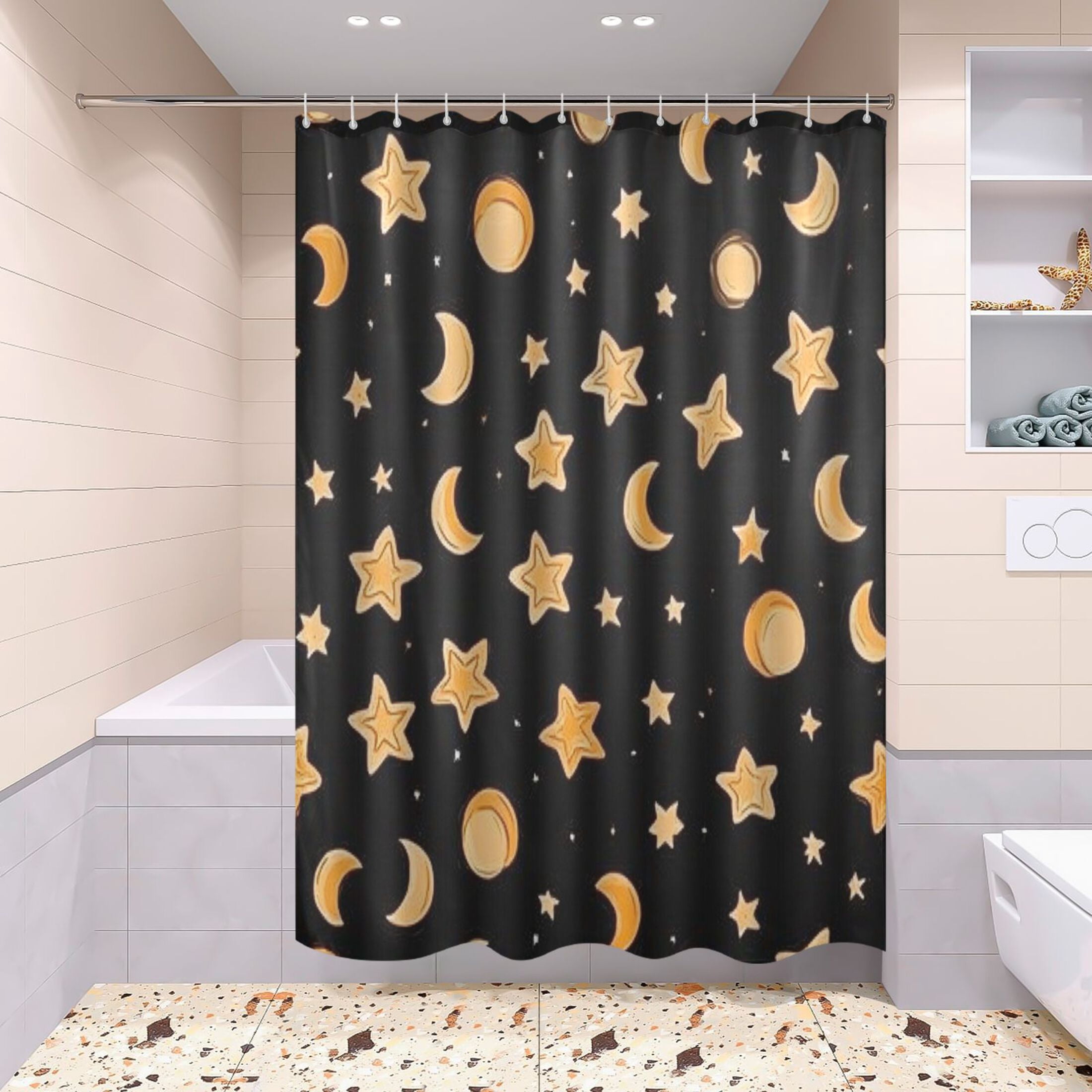 Sun Moon and Stars Bathroom Accessory Curtain Sets Bath Curtain Anti-Slip Mats and Toilet Pad 66x72in