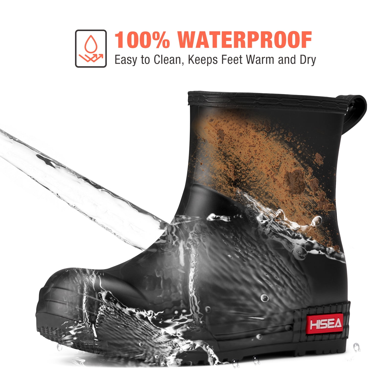 HISEA Waterproof Rain Boots for Women，Chelsea Anti-Slip Garden Work Shoes，Black，Size 6.5