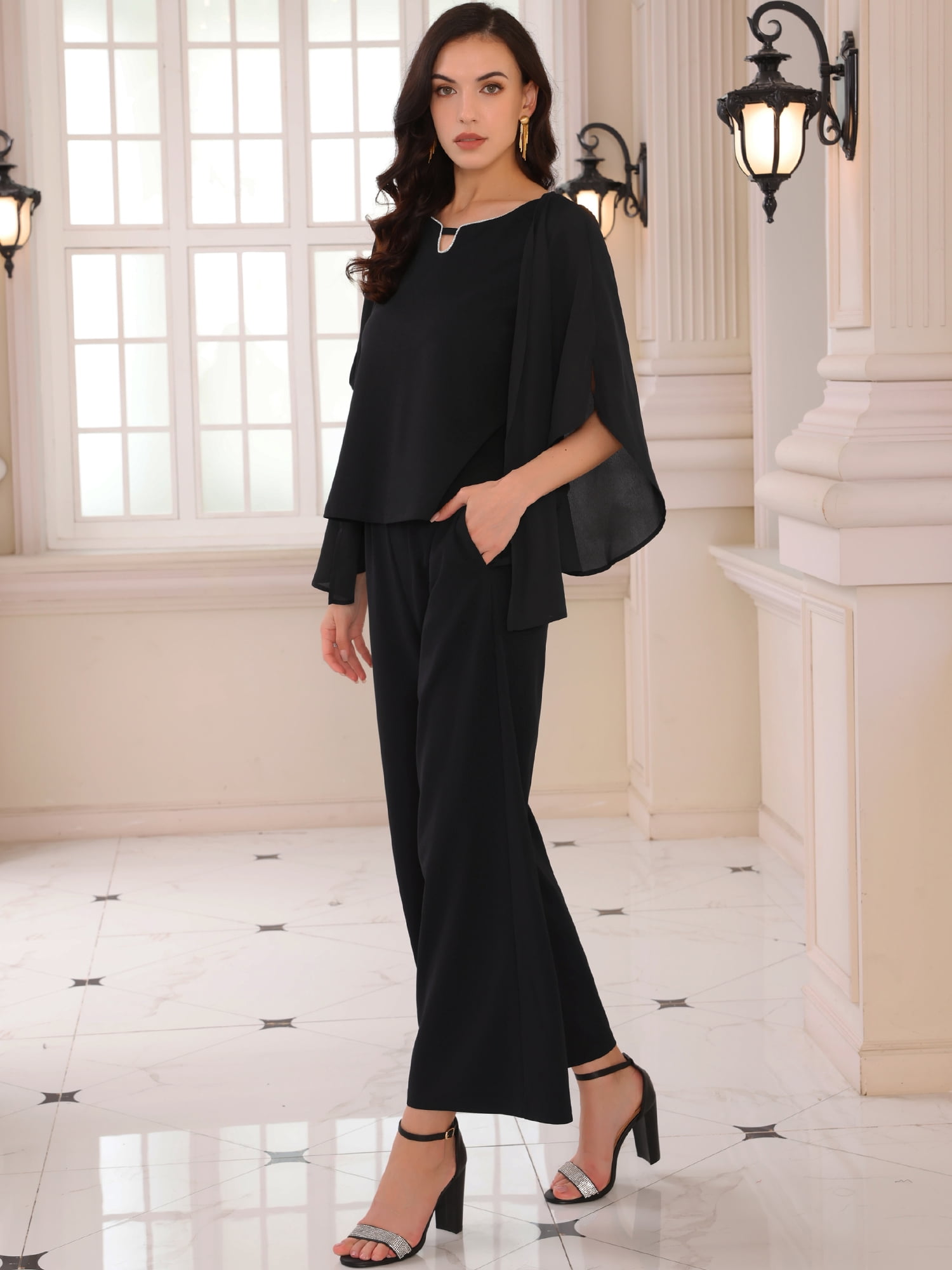 DARING DIVA Women's Dressy Pantsuits Wedding 2 Piece Sets Formal Chiffon Top M Black