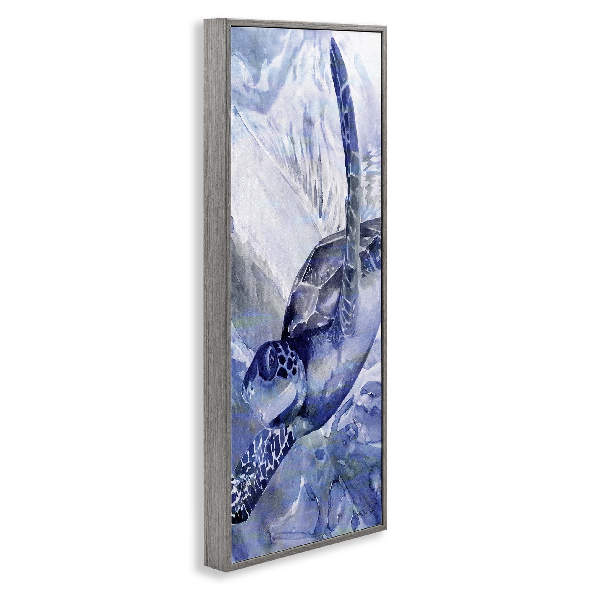 Stupell Industries Sea Turtle Swimming In Ocean Animals & Insects Painting Gray Framed Art Print Wall Art, 10 x 24