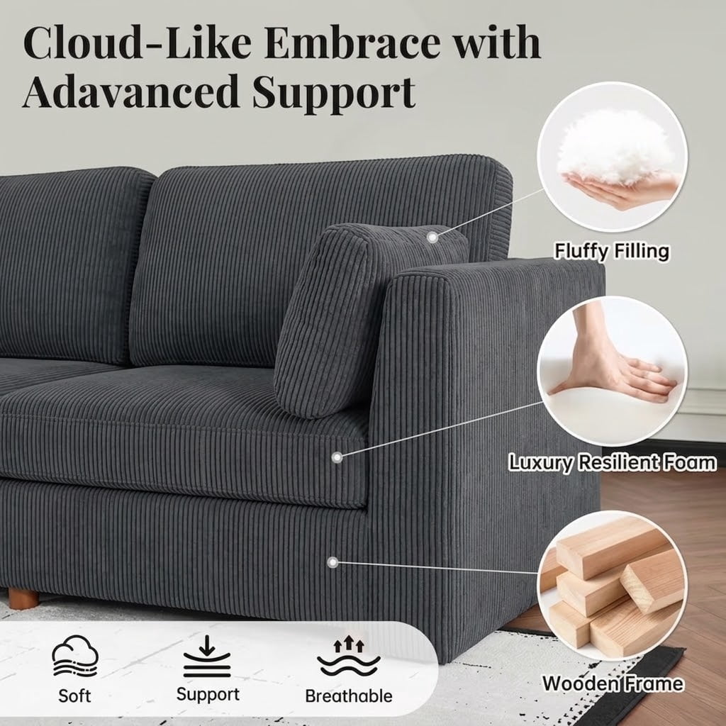 Howcool Cloud Couch Modular Sectional Sofa 6 Seat 129" L Shaped Reversible Convertible Couch, Corduroy Thick Cushion with Movable Ottomans, Washable Removable Cover for Living Room,Black