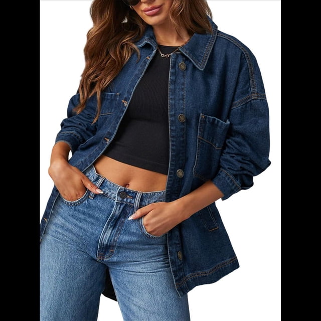 Chaqueta Vaquera para Mujer, Desgastada, de Larga, de Gran Tamaño, Estilo Camionero. Azul M