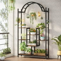 39.37” x 30.00” x 74.80” 5-Tier Black & Brown Wood & Metal Plant Stand with Hanging Hooks