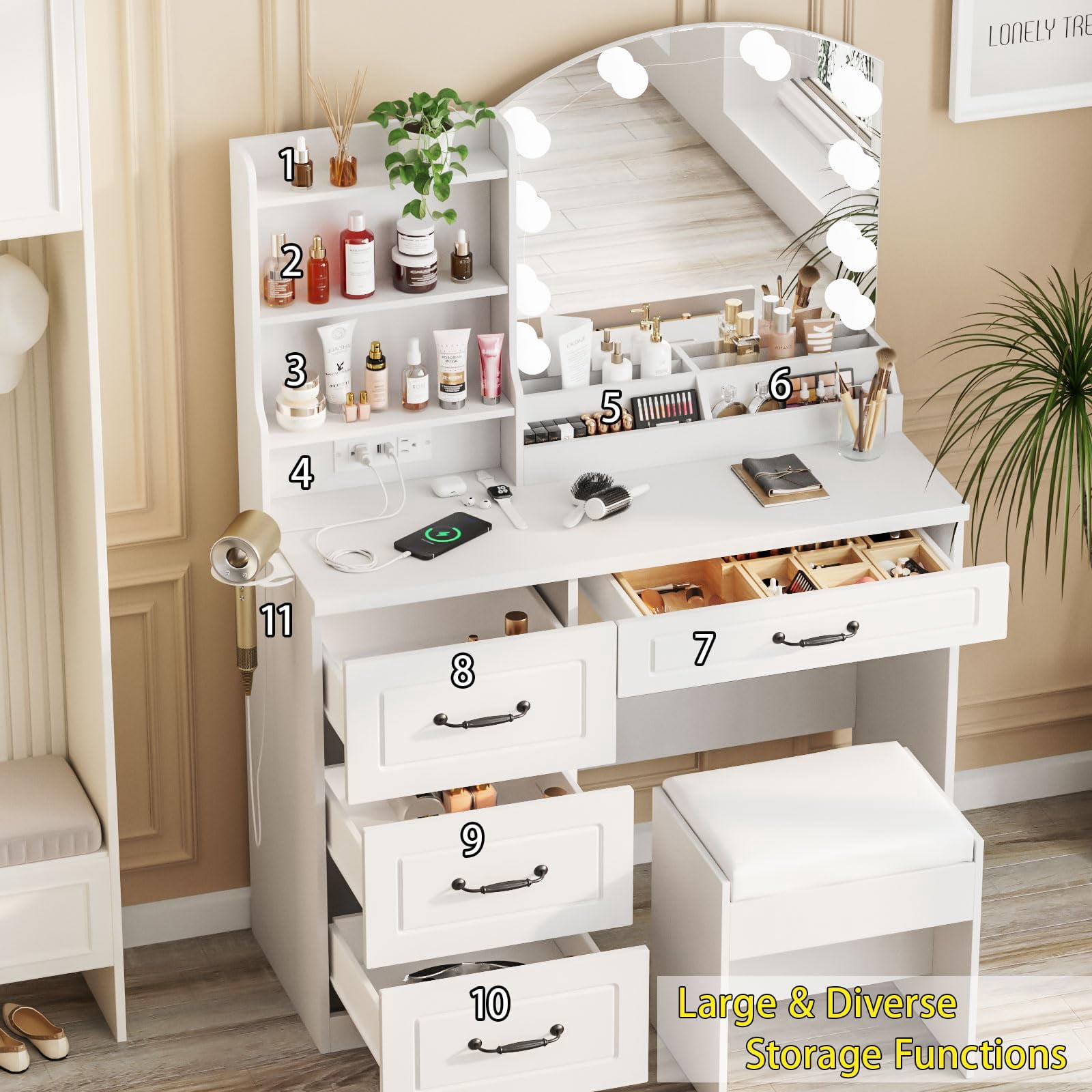 VEANERWOOD Vanity Desk Set with Lights and Power Strip,4 Drawers Vanity Set Makeup Table, 3 Lighting Colors, White