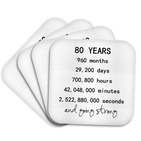 3drose, 80 Years in Months Days Hours Minutes and Going Strong 80th Birthday, Set of 4 Coasters - Cork