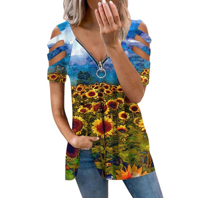 Top con cremallera y cuello en V de manga corta con hombros descubiertos para mujer con blusa recortada Pompotops hkajfhjk466131