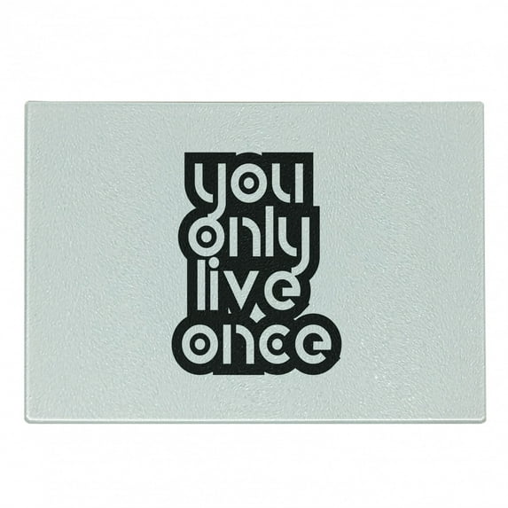 YOLO Cutting Board, Modern Popular Phrase Motto of the Internet Generation Inspirational Lettering, Decorative Tempered Glass Cutting and Serving Board, Small Size, Black and White, by Ambesonne
