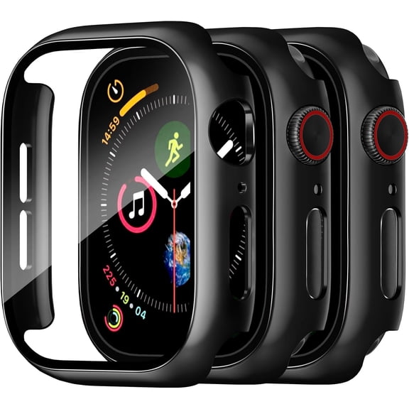 3‑Pack Black All‑Around Ultra‑Thin Hard PC Full‑Cover Case with Built‑in Tempered Glass for Apple Watch SE3 / SE2 / SE / Series 6 / 5 / 4 44mm, Anti‑Scratch iWatch Protective Accessories