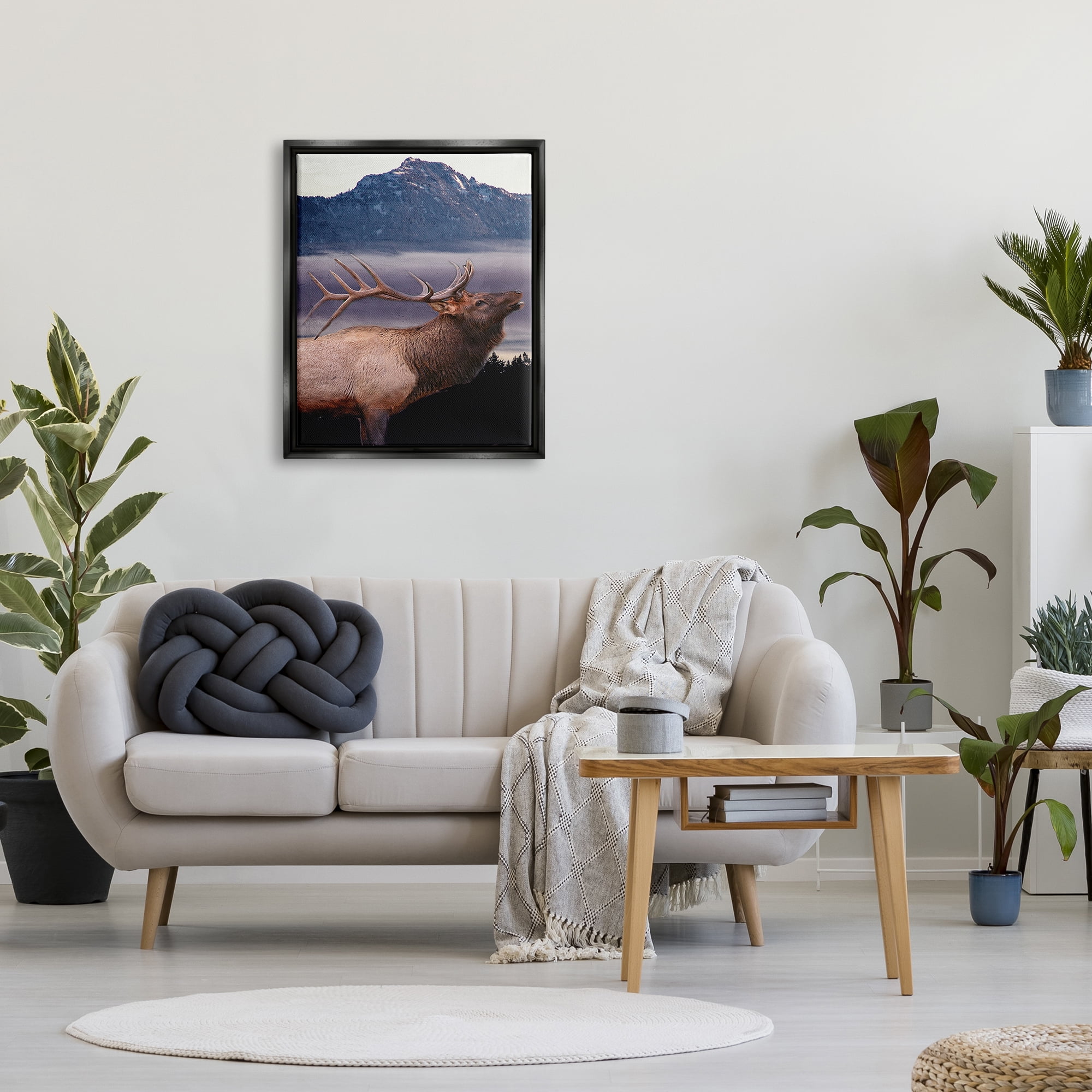 Stupell Industries Elk Mountain Landscape Animals & Insects Painting Black Floater Framed Canvas Art Print Wall Art, 25 x 31