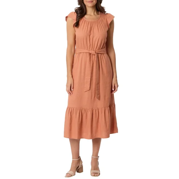 Briggs Women's Linen Cotton Tiered Midi Dress Rust S