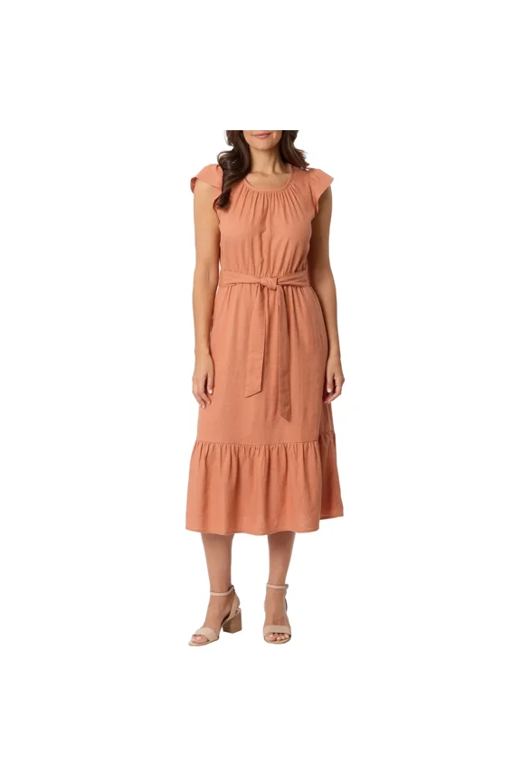 Women's Linen Cotton Tiered Midi Dress Rust S