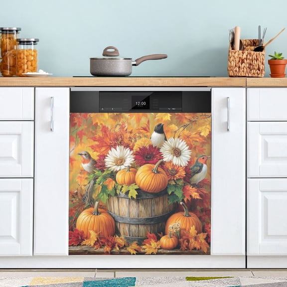 Dishwasher Sticker Dishwasher Cover Magnet Refrigerator Home Decorative Art Kitchen Panel Decal Pumpkins Birds and Flowers 23x26 Inch