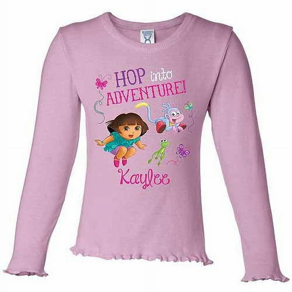 Personalized Dora the Explorer Hop Into Adventure Girl's Pink Long Sleeve Ruffle Tee