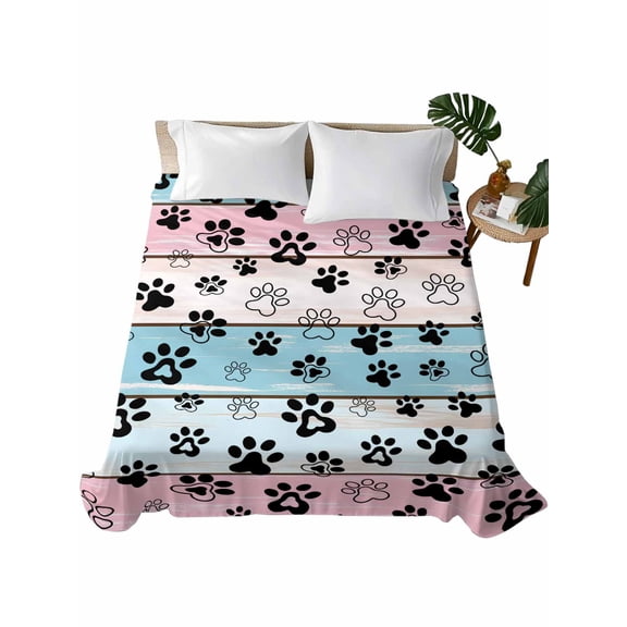 California King Flat Sheet 108"x98", Blue Pink Dog Paws Prints Soft Lightweight Bedding Flat Sheets Only, Farmhouse Beige Wood Brushed Microfiber Top Bed Sheet, Breathable StainResistant Bedsheets