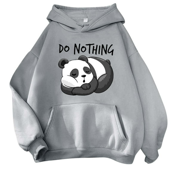 Fshinging Womens Oversized Hoodies Panda Cute Cartoon Bear Print Long Sleeve Hooded With Pockets Lightweight Pullover Sweaters