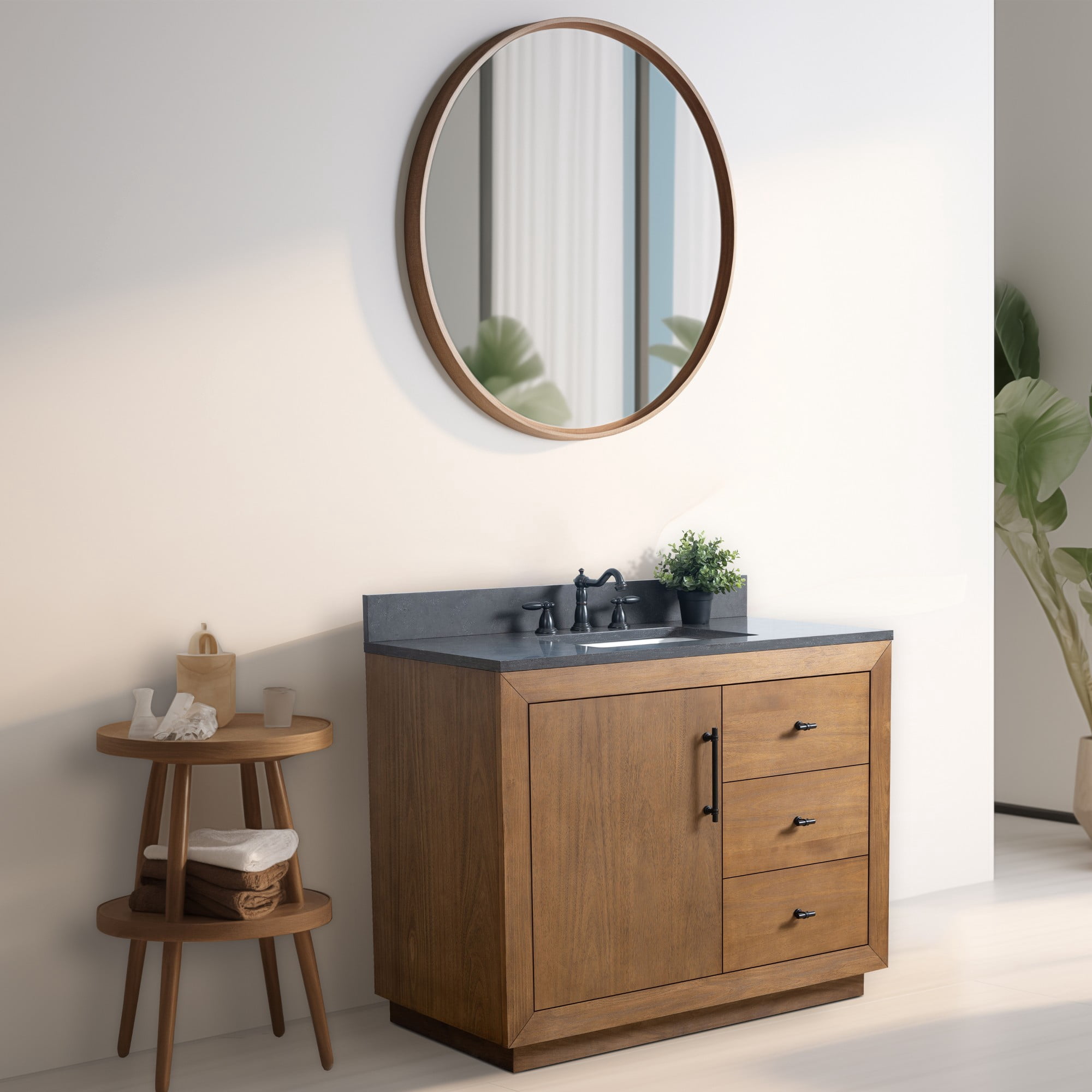 Vanity Art 42" Single Bathroom Vanity with Sink, Freestanding Bath Storage Cabinet with Black Limestone Top
