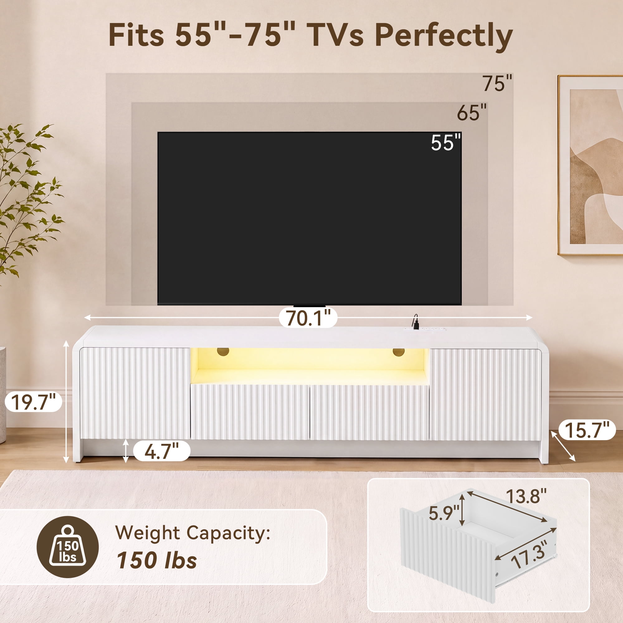 Lacoo 70 Inch Fluted TV Stand for 55-75 Inch TVs, Entertainment Center with Charging Station and RGB LED Lights, Media Console with 2 Drawers and Storage Cabinets for Living Room, White