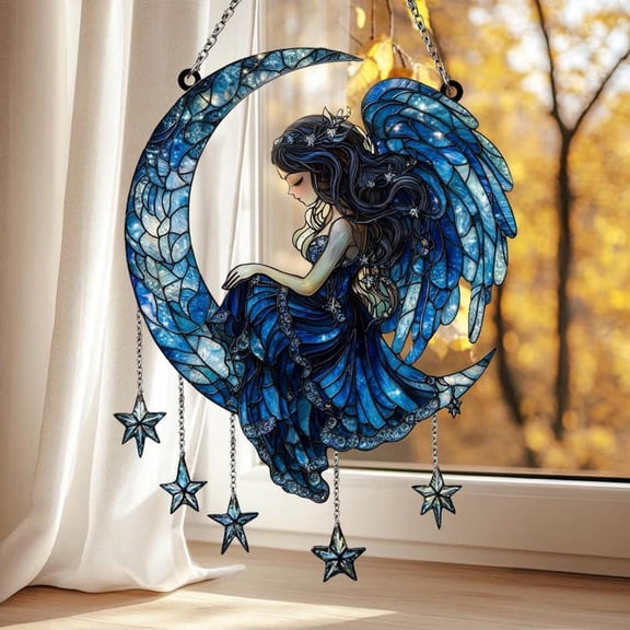 Celestial Angel Moon Acrylic Suncatcher - Starry Night Faux Stained Glass Window Hanging Gift For Her, Winter Decor