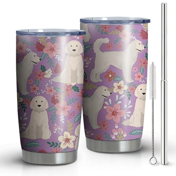 20 Oz Goldendoodle Dog and Flower Floral Coffee Tumbler Double Wall Insulated Stainless Steel Water Bottle | Metal Reusable Thermoses Flask with Cup Cap | Leak & Sweat Proof with Anti-Dust Lid