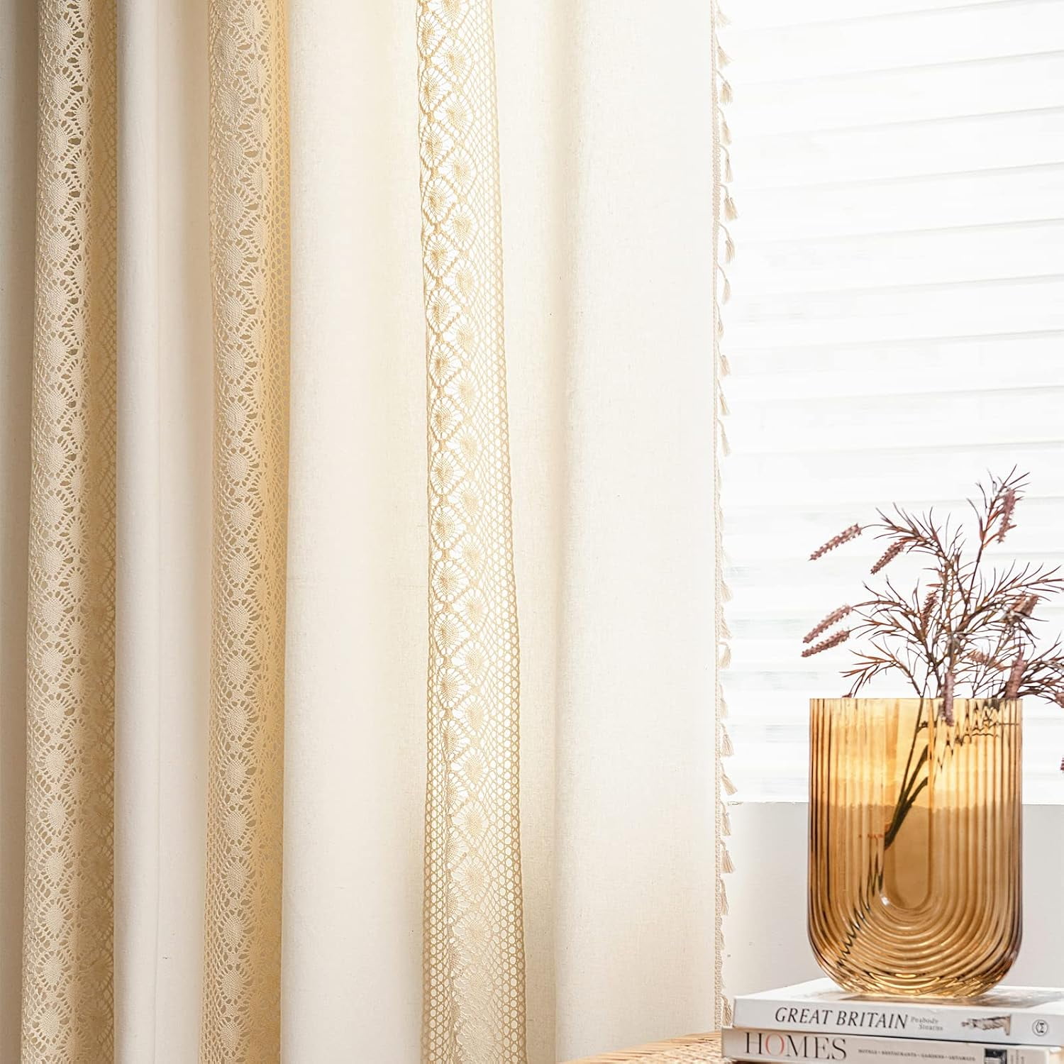 Vireellx Boho Curtains for Bedroom, Cream Hollow Crochet Stripes and Florals Print Cotton Linen Fabric Patchwork, Bohemian Beige Tassel Semi-Blackout Window Panel Farmhouse Drape