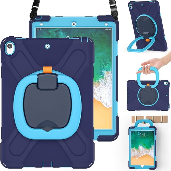 HCTian Case for iPad Air 3 10.5 Inch 2019, Hybrid Shockproof Rugged Silicone Case with Pencil Holder, Folding Hand Grip, Stable Kickstand,Carrying Shoulder Strap for iPad Pro 10.5” 2017