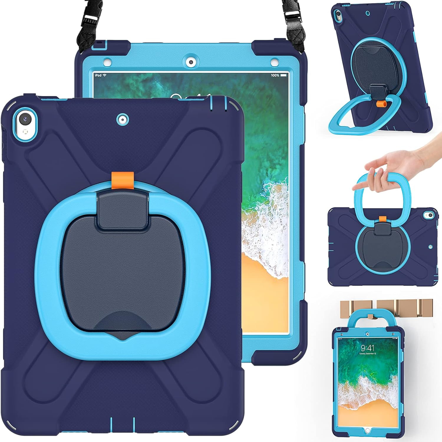 HCTian Case for iPad Air 3 10.5 Inch 2019, Hybrid Shockproof Rugged Silicone Case with Pencil Holder, Folding Hand Grip, Stable Kickstand,Carrying Shoulder Strap for iPad Pro 10.5” 2017