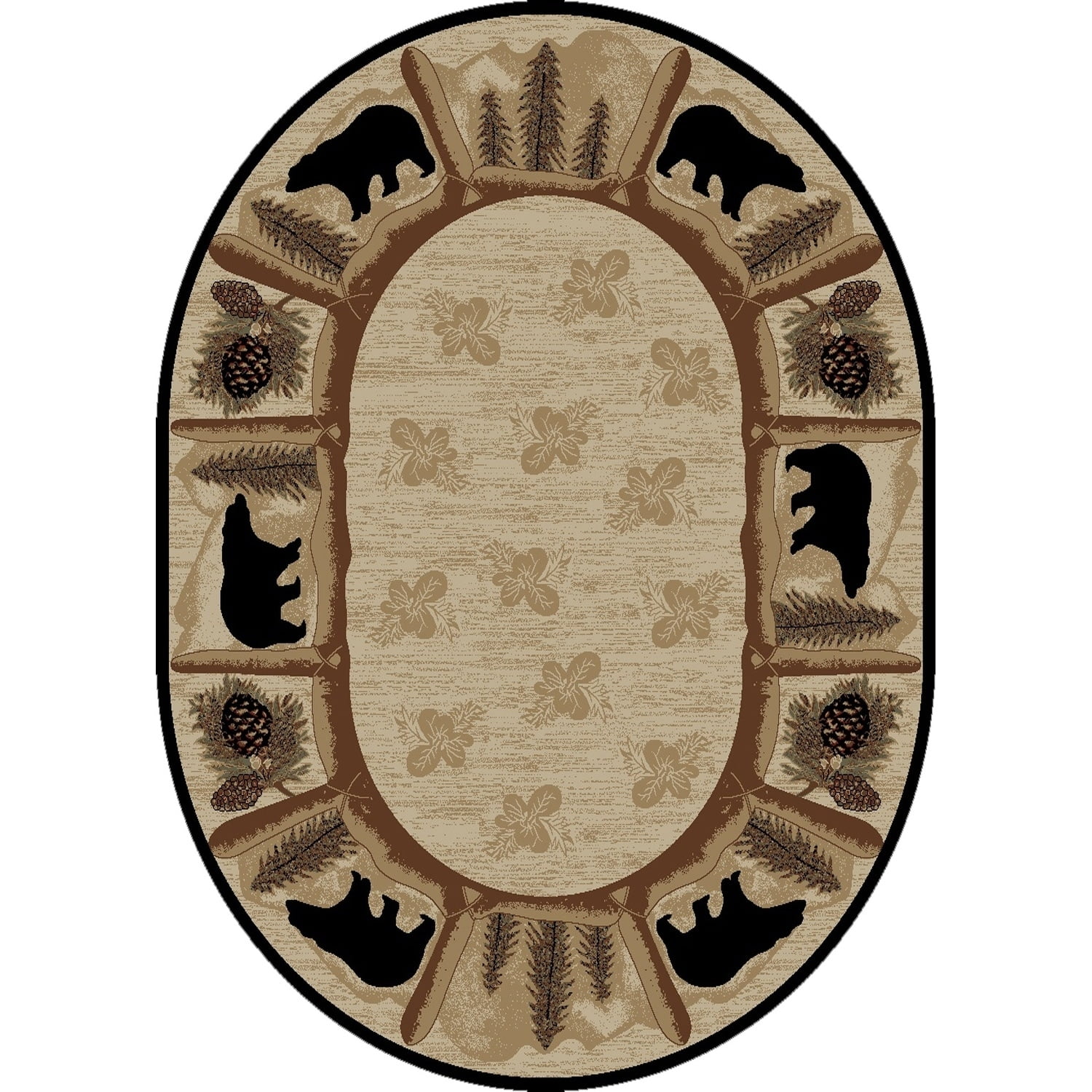 Rustic Lodge Bear Beige Black 8x10 Oval Area Rug 7'10"x9'10" 7'10" x