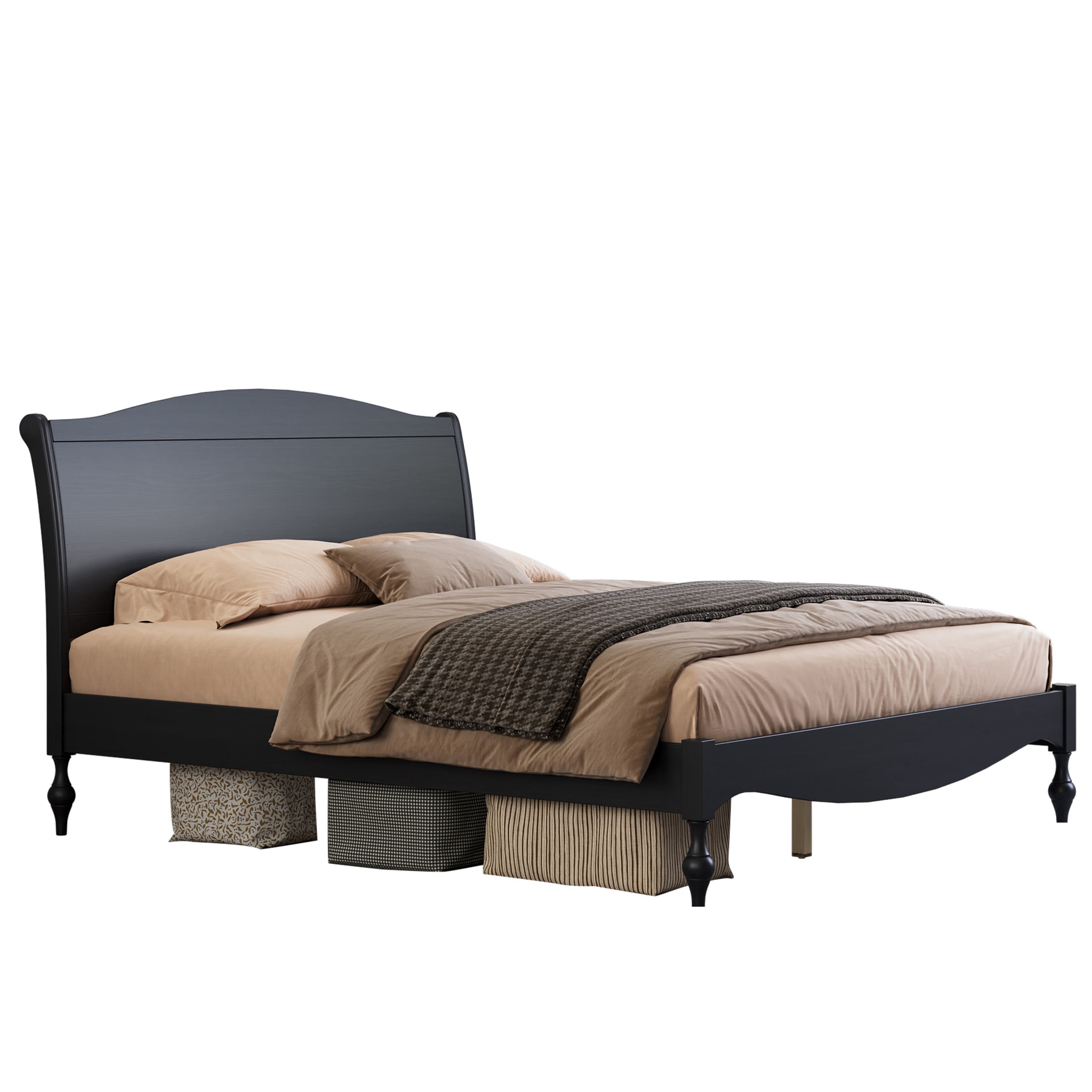 Noble House Carola Queen Wooden Platform Bed Frame, Traditional Arched Headboard Vintage Design, Black