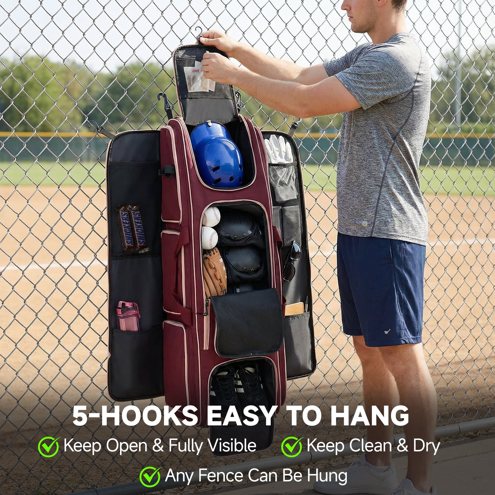 Fegat Rolling Baseball Bag with Wheels,100L Large Softball Bag Catchers Gear Bags for 8 Bats,Equipment Bag with 5 Fence Hooks,Reflective Strip,Shoe Compartment,Holds All Softball Baseball Equipment