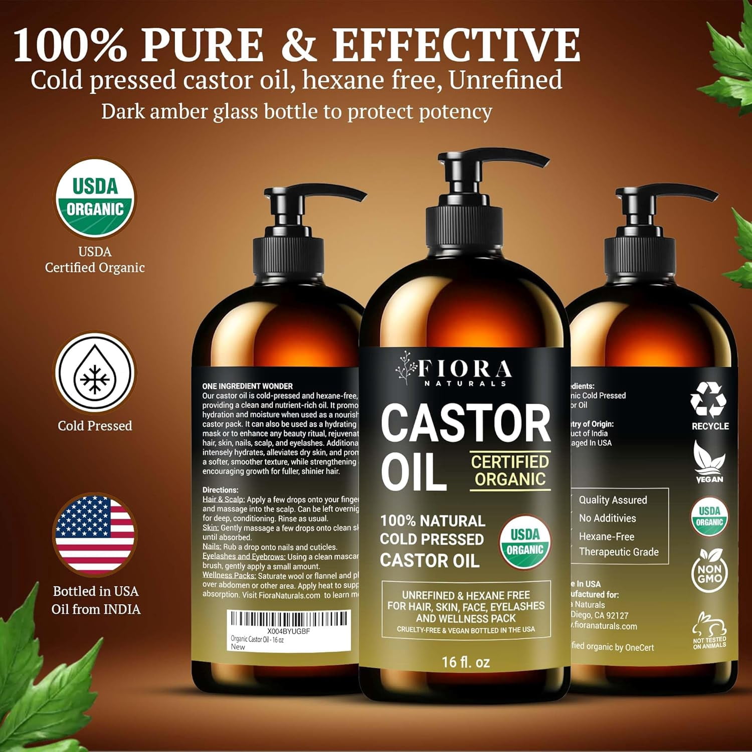 Castor Oil Organic Cold Pressed Unrefined Glass Bottle - 16 oz