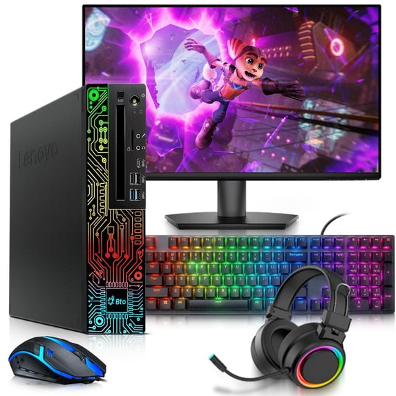 Restored Lenovo RGB Desktop PC SFF – Intel Core i5-8500 – 16GB DDR4 RAM – 512GB SSD – GeForce GT 1030 – New 24" Monitor – RGB KB&M – RGB Headphone – WiFi – Gaming Computer – Windows 11 Pro (Refurbished)