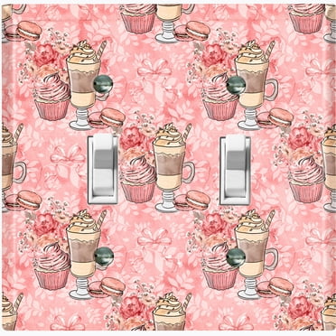 Metal Light Switch Wall Plate Outlet Cover (Coffee Mocha Espresso Chocolate Shake Cupcake Macaron Flower Bouquet Pink Bow - Double Toggle)