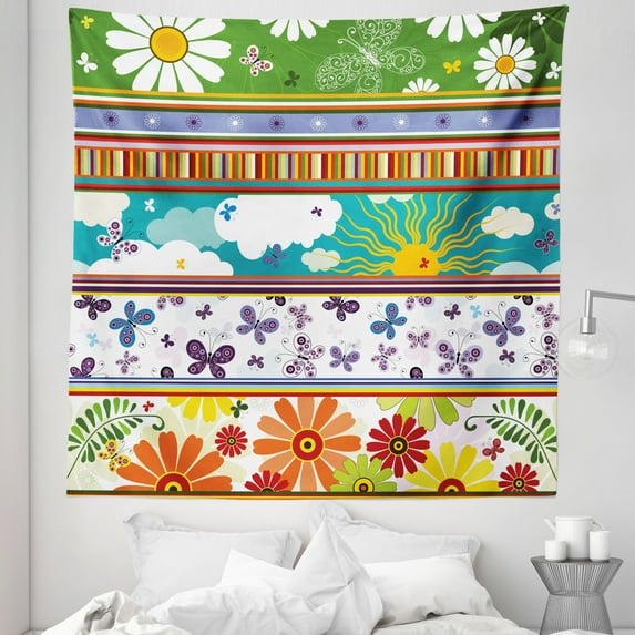 Colorful Tapestry, Colorful Striped Daisy Flowers Butterflies Sun Clouds Vivid Playroom Pattern, Fabric Wall Hanging Decor for Bedroom Living Room Dorm, 5 Sizes, Multicolor, by Ambesonne