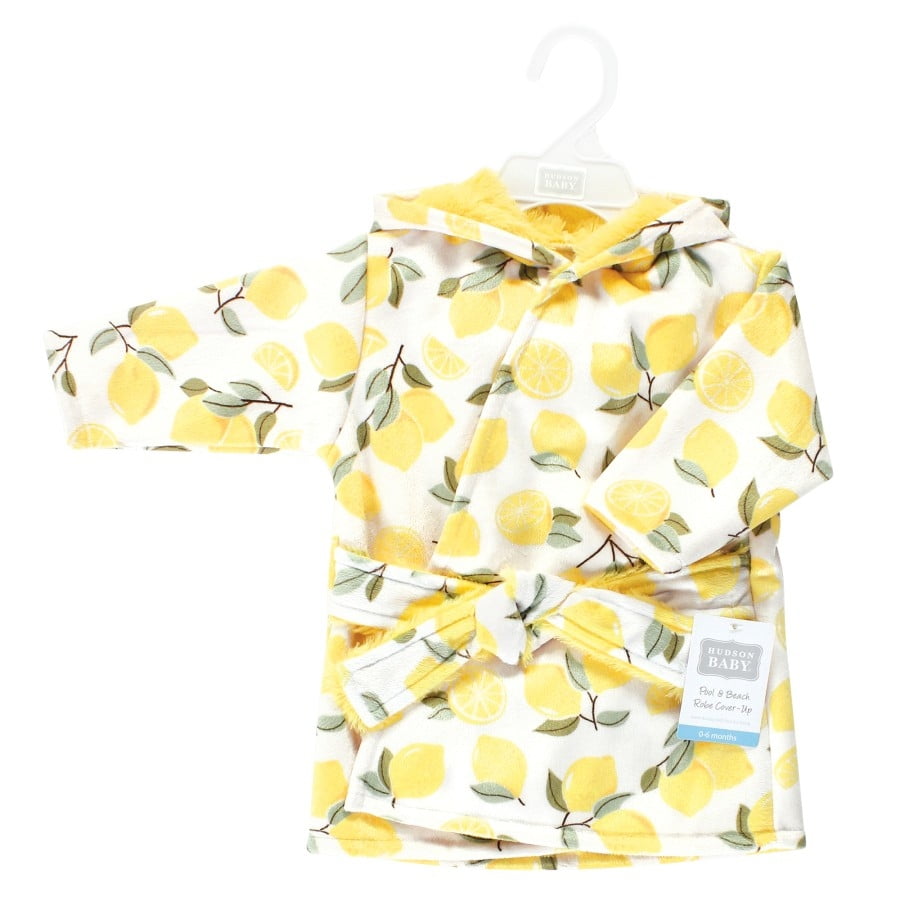 Hudson Baby Infant Girl Mink with Faux Fur Lining Pool and Beach Robe Cover-ups, Lemon, 6-12 Months