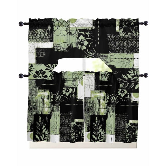 Sage Green Black Kitchen Curtains Set for Windows 3 Piece Cafe Curtains 36 Inch Length Swag Curtains Valances and Tier Set Modern Abstract Art Botanical Drapes for Bedroom Bathroom Living Room
