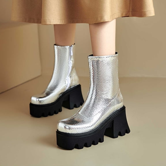 Women's Boots Platform Chunky Mid Calf Boots Ankle Booties Motorcycle Side Zipper Booties