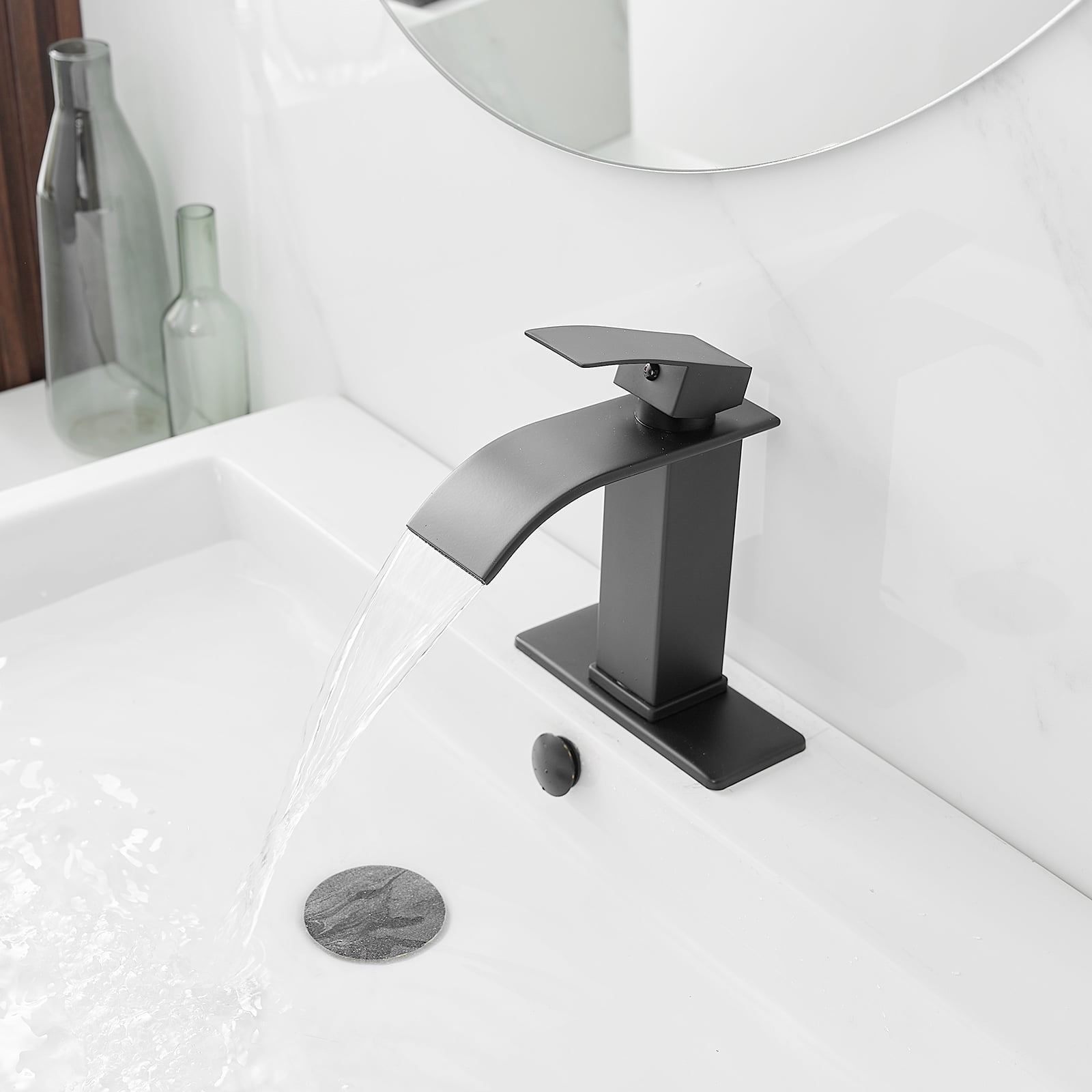 Open Box Waterfall Single Handle Single Hole Low-Arc Bathroom Faucet Bathroom Drip-Free Vanity Sink Faucet in Matte Black