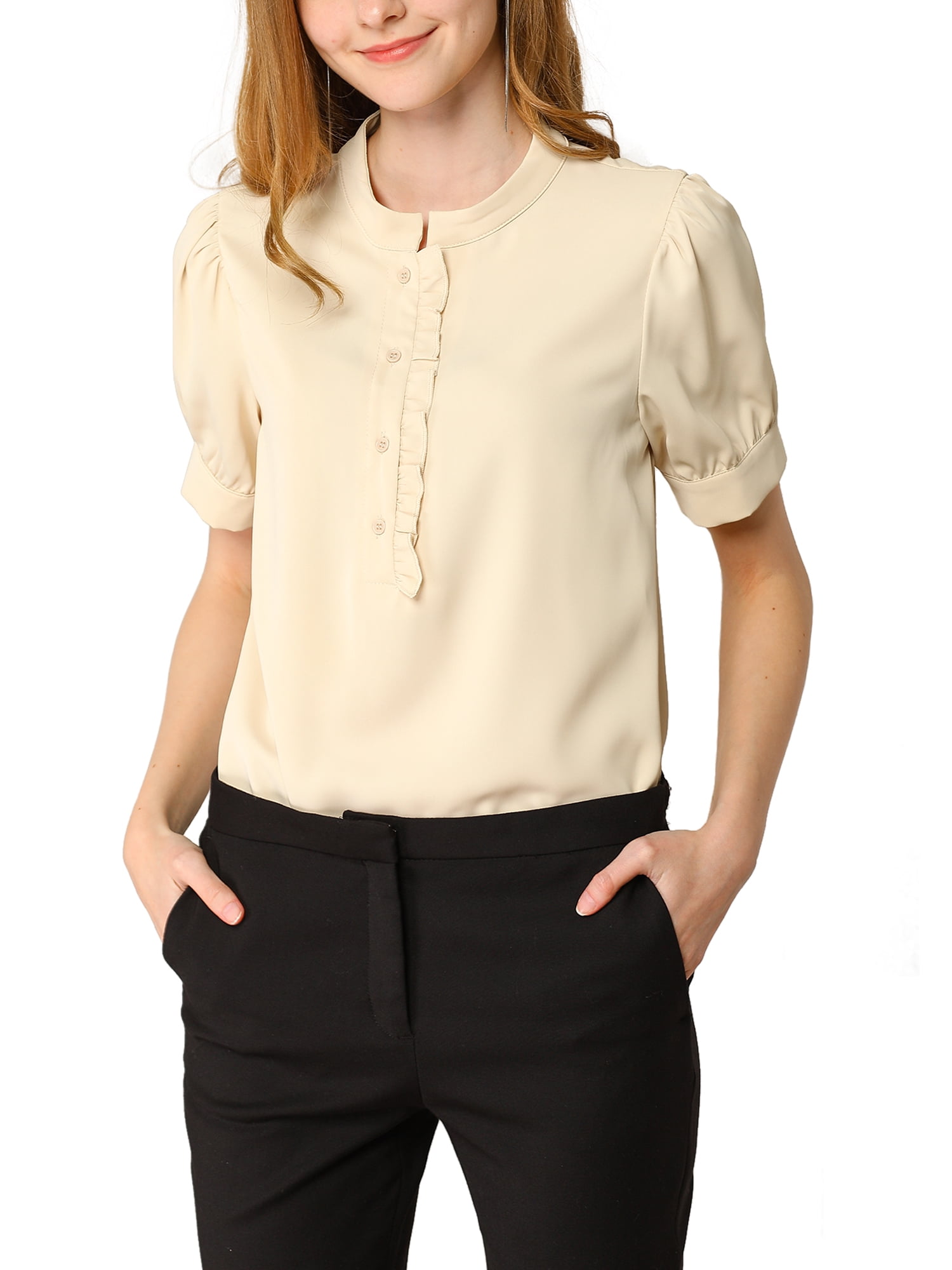 DARING DIVA Ruffled Half Button Placket Short Sleeves Work Top L Apricot