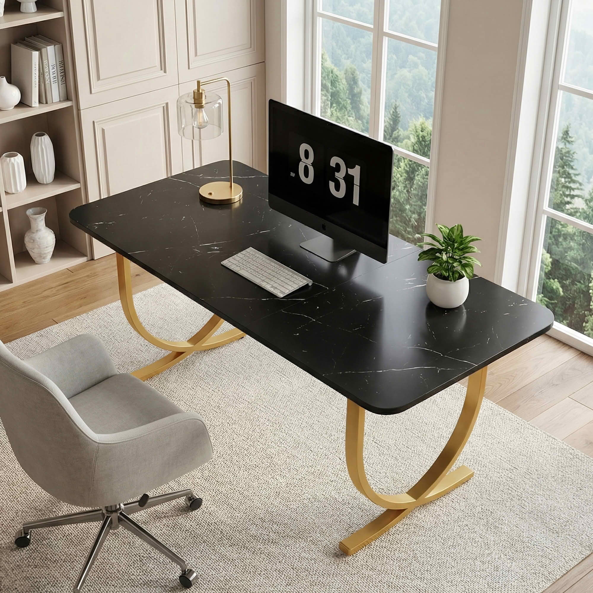 MAYEERTY Luxury Faux Marble Dining Table, 63 Inch Rectangular Modern Kitchen Table with Adjustable Foot Pads for Home Cafe Office