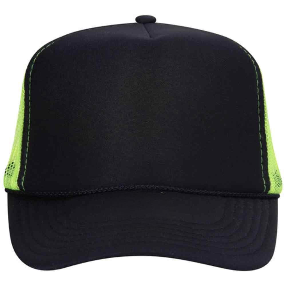 Couver 5 Panel High Crown Back Split Mesh Polyester Foam Trucker Hat, Black Neon Yellow, 12 Count