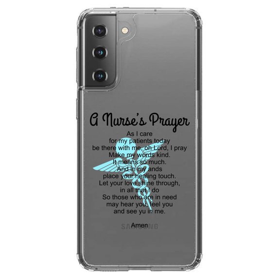 DistinctInk Clear Shockproof Hybrid Case for Galaxy S21  PLUS 5G (6.7" Screen) - TPU Bumper Acrylic Back Tempered Glass Screen Protector - A Nurse's Prayer