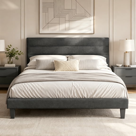 Zimtown Queen Platform Upholstered Bed Frame with Soft Adjustable Headboard, Wooden Mattress Foundation,No Box Spring Needed, Dark Gray