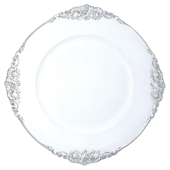 Allgala 13-Inch 6-Pack Heavy Quality Plastic Round Charger Plates-Floral White Silver Trim-HD80342