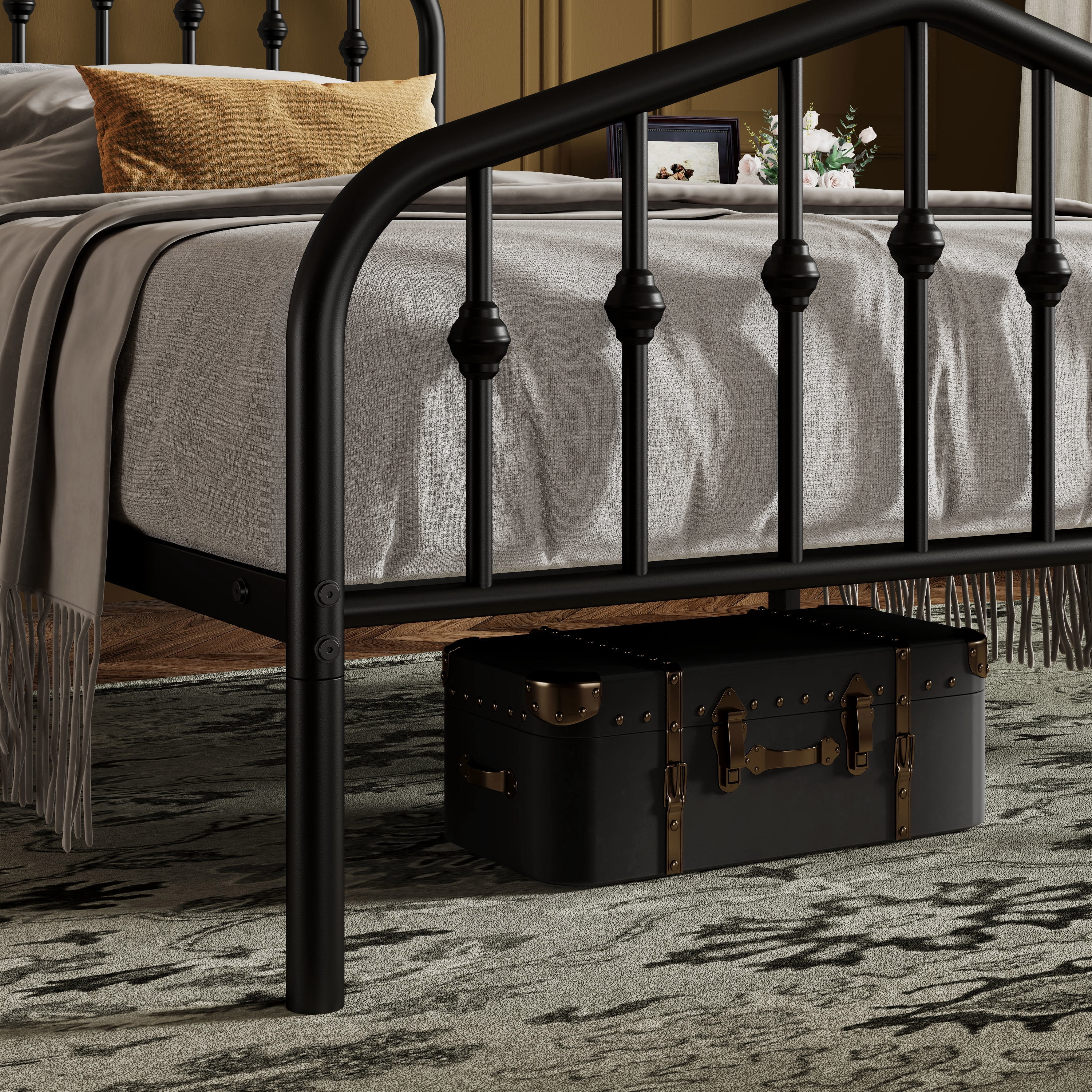 Sifurni Twin Size Bed Frame, Heavy Duty Metal Platform Bed with Vintage Victorian Headboard & Footboard, Black