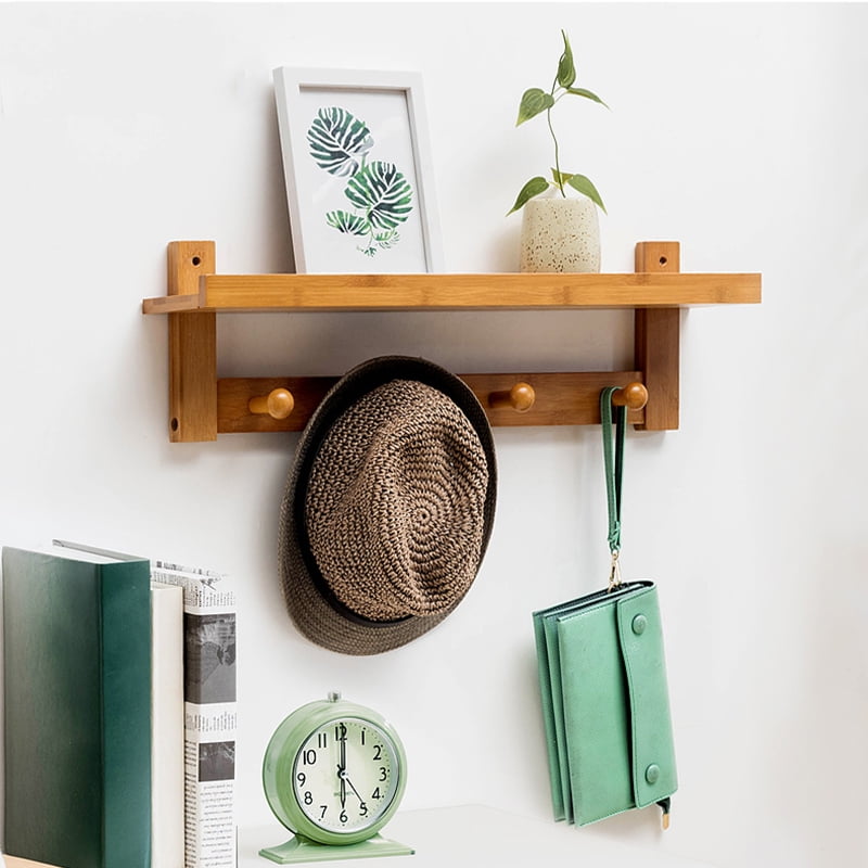 23" Floating Wood Wall Shelf with 4 Hooks, Bamboo Natural Finish
