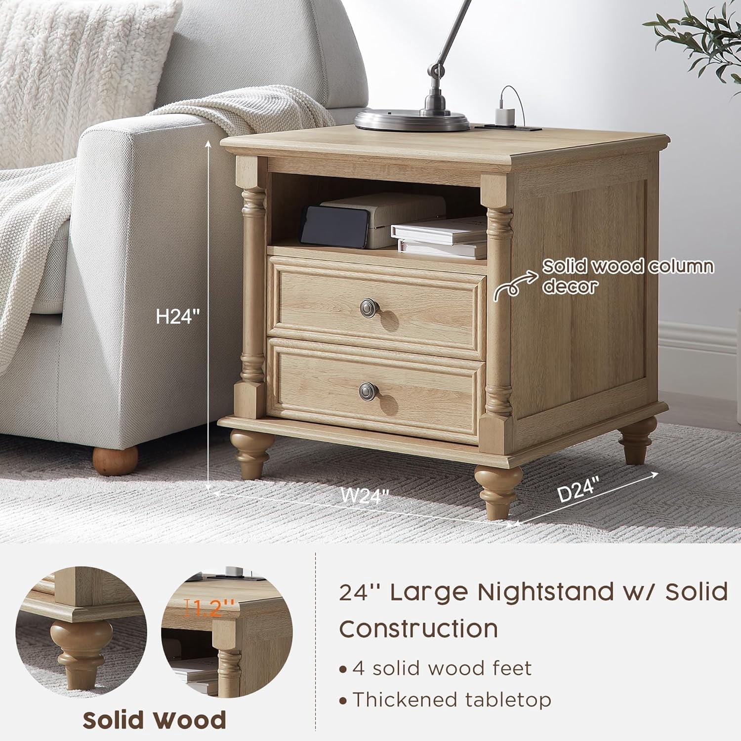 OKD Wood Nightstand with Charging Station for Bedroom, Farmhouse End Side Table with 2 Drawers for Living Room, Natural Oak