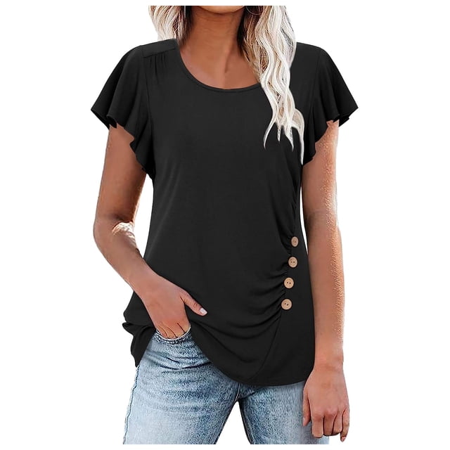 TSADFHJI Woman Tops Fall Women's Tunic Ruffle Short Sleeve Shirt Summer O Neck Top Xl Black