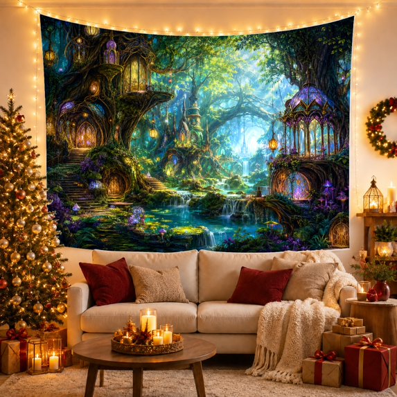 Forest Realm Dominating With Ancient Trees Gnarled Moss, Mystical Fantasy for Space Lovers, Galaxy Room Decor, Mother's Day Gift, Tapestry Wall Hanging for Bedroom and Dorm